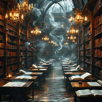 The primary subject of the image is a library filled with books. The setting is a dimly lit room with a haunting atmosphere. The visual style is a combination of photo and digital art, creating a surreal and mysterious scene. The colors are predominantly dark, with some lighting coming from the books themselves, creating a moody and mysterious ambiance.
